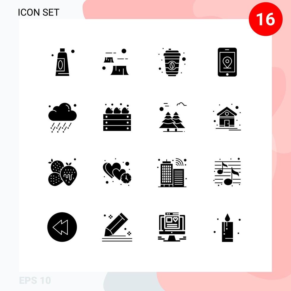 Pack of 16 Modern Solid Glyphs Signs and Symbols for Web Print Media such as wind rain coffee cloud internet Editable Vector Design Elements