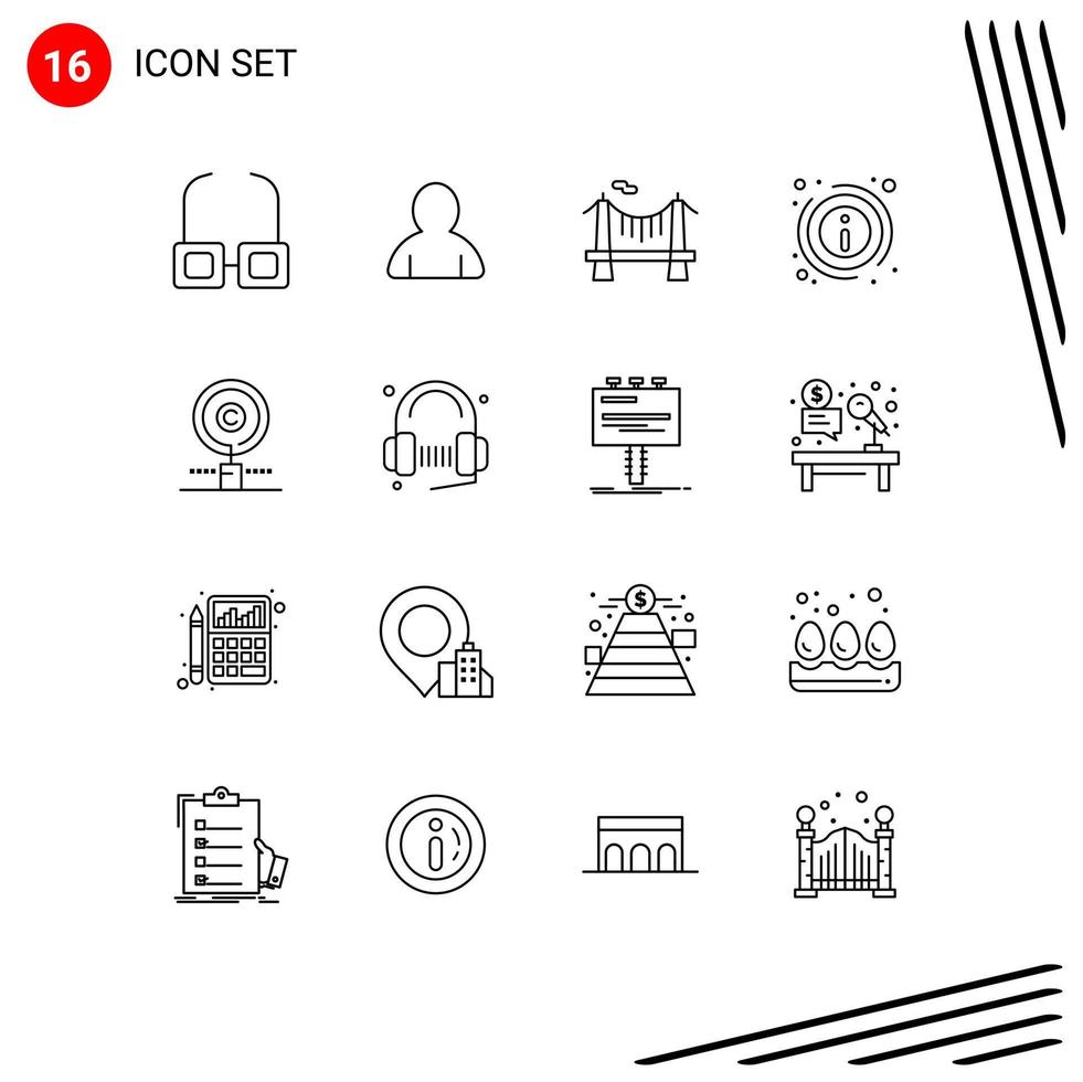 Universal Icon Symbols Group of 16 Modern Outlines of owner copyright river content information Editable Vector Design Elements