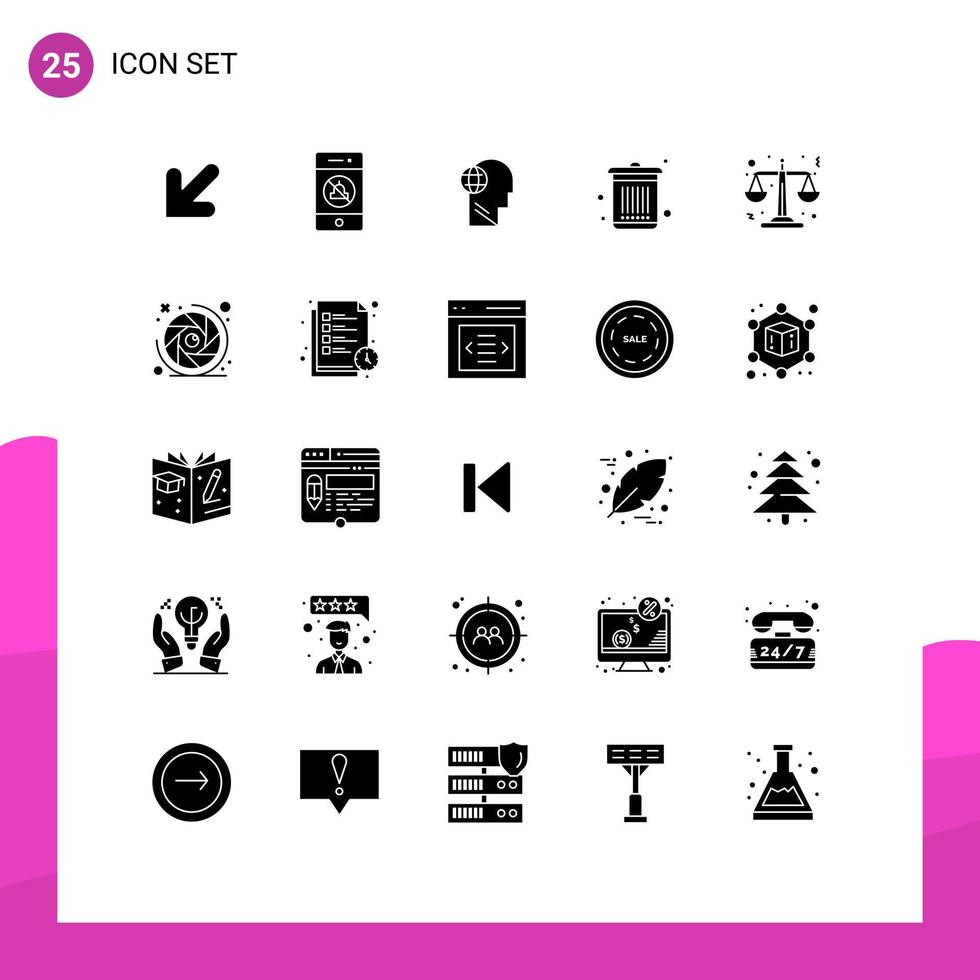 Pack of 25 Modern Solid Glyphs Signs and Symbols for Web Print Media such as law waste globe garbage bin Editable Vector Design Elements