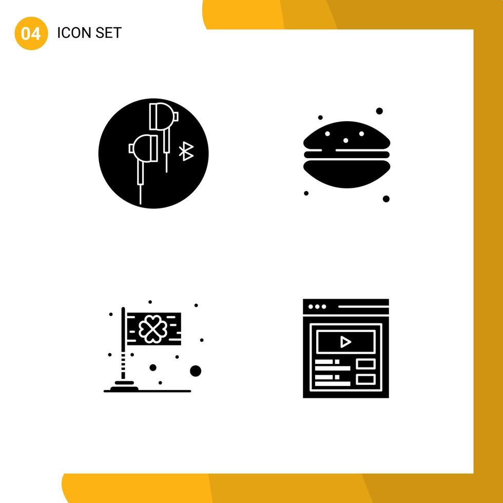 conjunto moderno de 4 pictogramas de glifos sólidos de elementos de diseño vectorial editables de la bandera de postre bluetooth del día de los auriculares vector