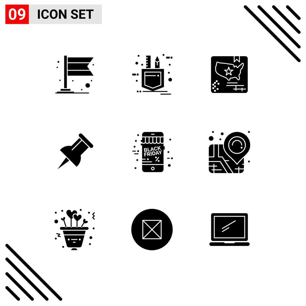 Mobile Interface Solid Glyph Set of 9 Pictograms of location christmas flag black friday pin Editable Vector Design Elements