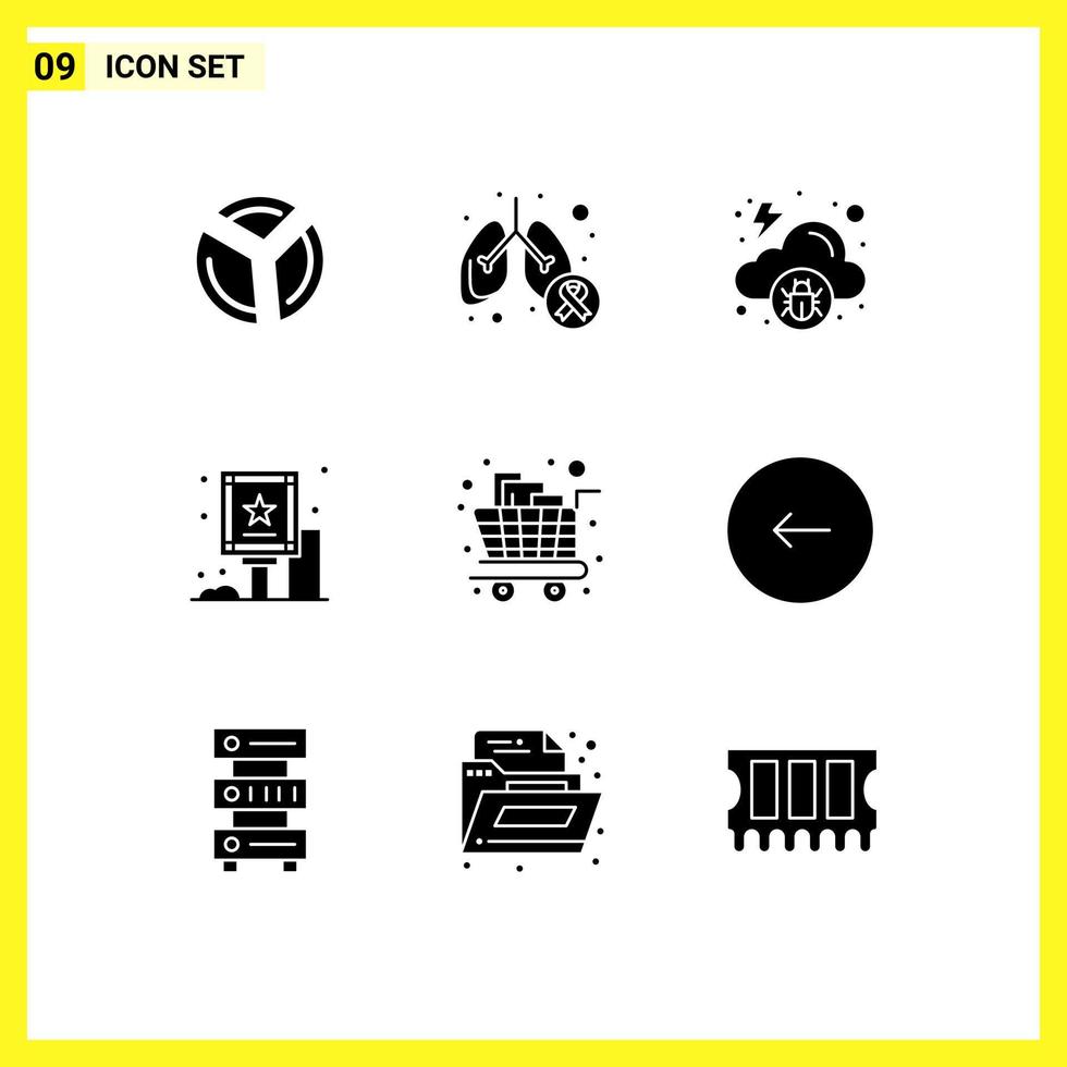 Modern Set of 9 Solid Glyphs Pictograph of cart billboard symptom advertising malware Editable Vector Design Elements