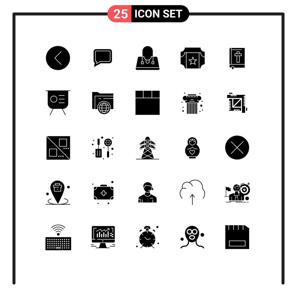 Modern Set of 25 Solid Glyphs and symbols such as religion book bag bible film Editable Vector Design Elements