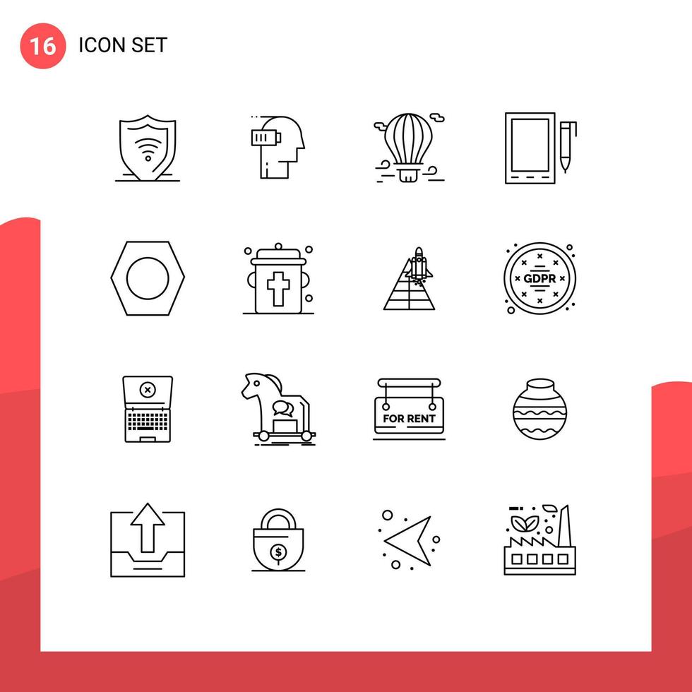 paquete de 16 signos y símbolos de contornos modernos para medios de impresión web, como elementos de diseño de vectores editables de globo de aire móvil de mente celular de diseño