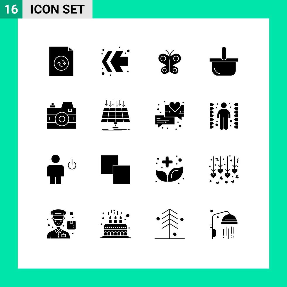 16 User Interface Solid Glyph Pack of modern Signs and Symbols of photography media insect camera holiday Editable Vector Design Elements