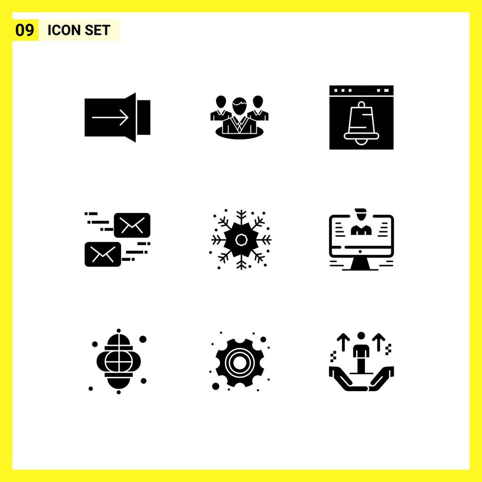 Modern Set of 9 Solid Glyphs Pictograph of snowflake message alert marketing email Editable Vector Design Elements