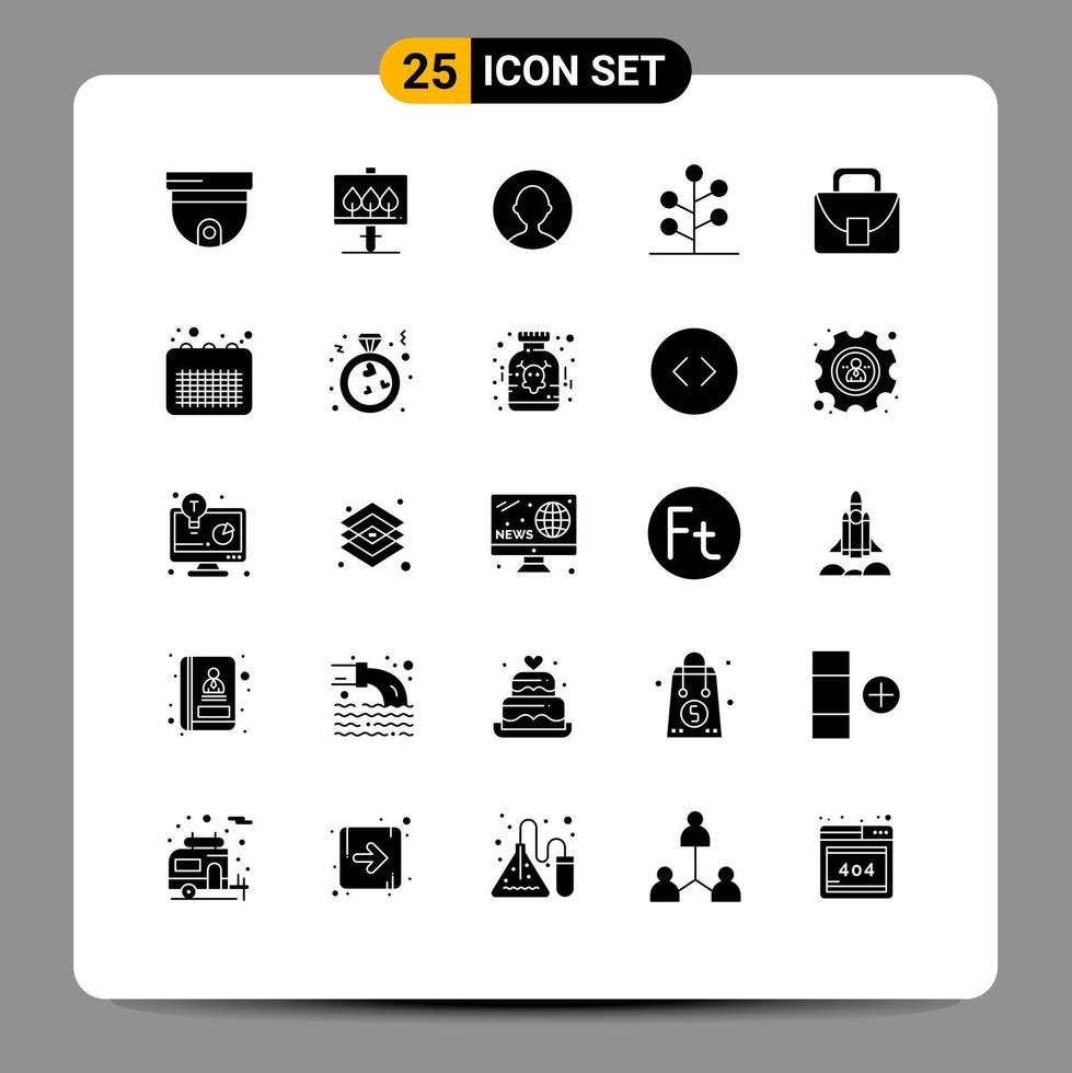 Group of 25 Solid Glyphs Signs and Symbols for global worker user bag nature Editable Vector Design Elements