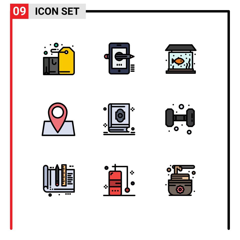 Group of 9 Modern Filledline Flat Colors Set for pad lock location drawing holiday fish Editable Vector Design Elements