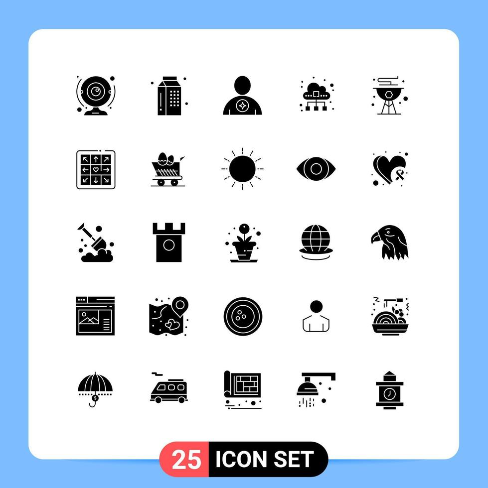 25 Universal Solid Glyph Signs Symbols of technology cloud meal human booked Editable Vector Design Elements