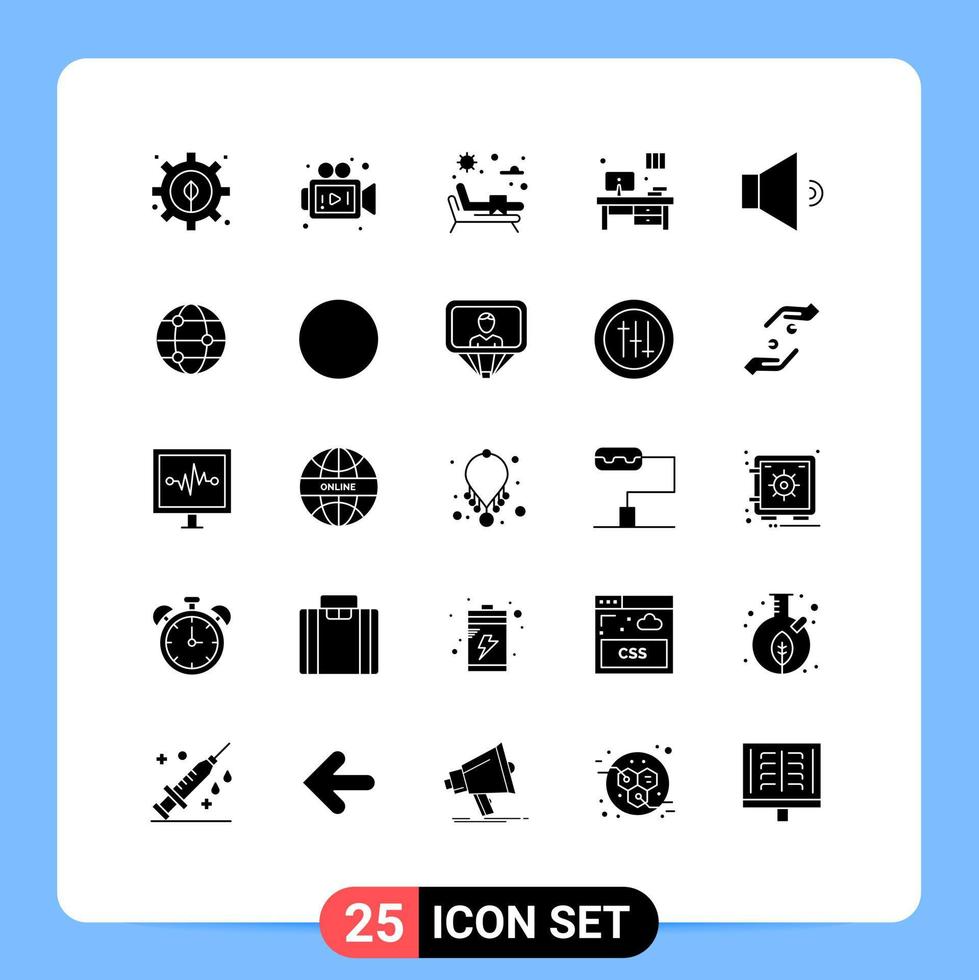 Modern Set of 25 Solid Glyphs Pictograph of world globe water volume sound Editable Vector Design Elements