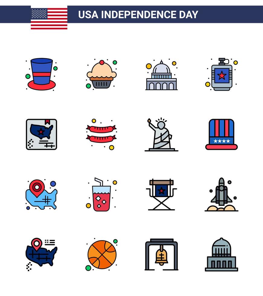 paquete de línea llena plana de 16 símbolos del día de la independencia de estados unidos de la bandera bebida líquida de la cadera de madison elementos de diseño vectorial editables del día de estados unidos vector