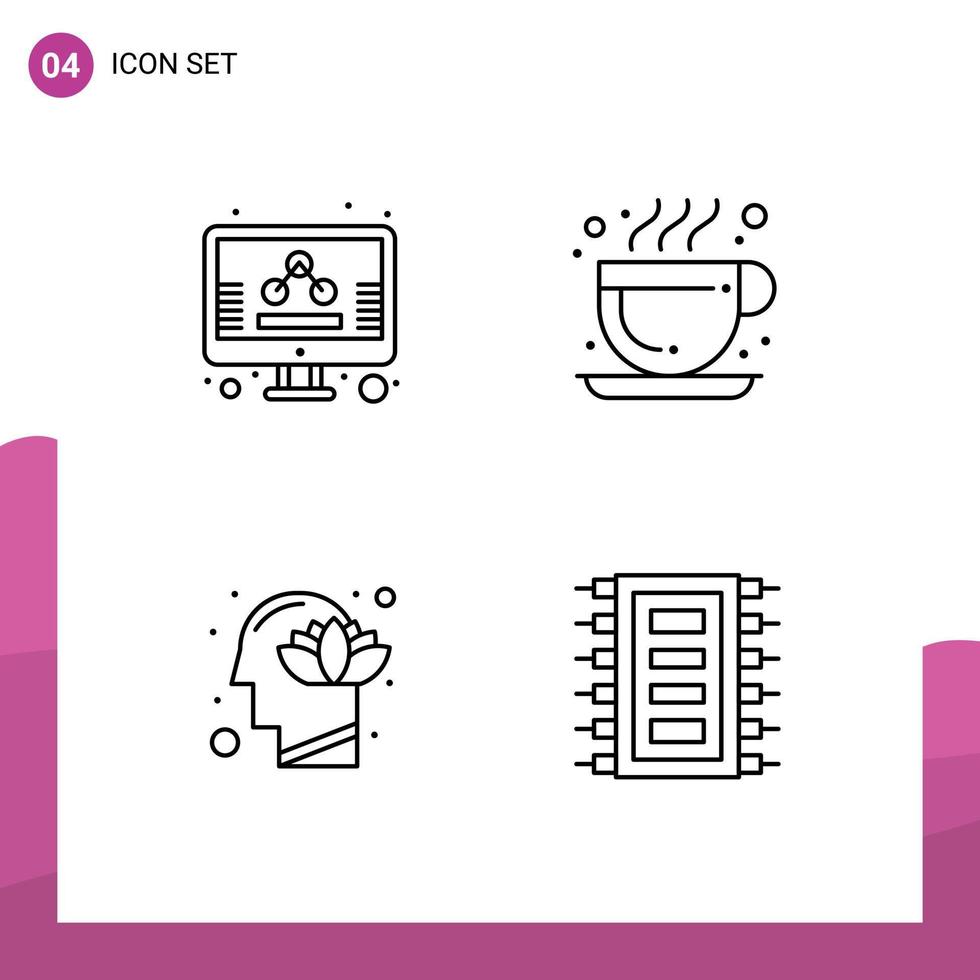 paquete de 4 signos y símbolos de colores planos de línea de relleno modernos para medios de impresión web, como elementos de diseño de vectores editables de la mente del café caliente de la pantalla humana de negocios