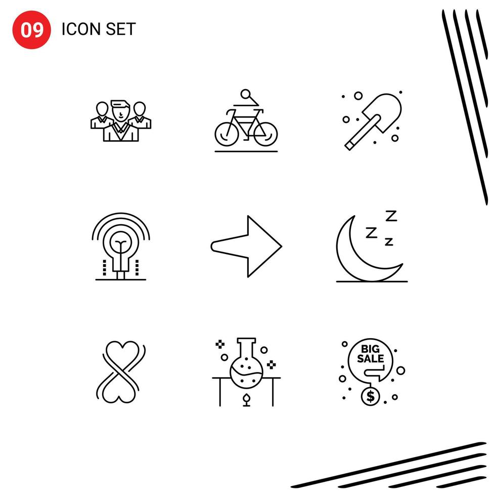 Pictogram Set of 9 Simple Outlines of arrow light cycling idea spade Editable Vector Design Elements