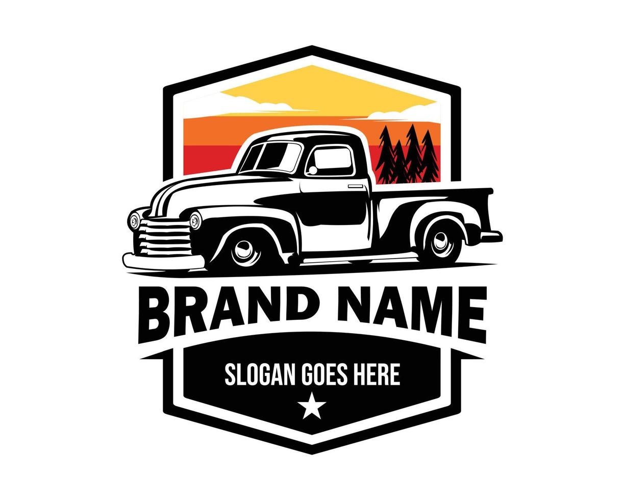 american old truck logo. The best vector illustration for the truck car industry. isolated background view of sunset view from the side.