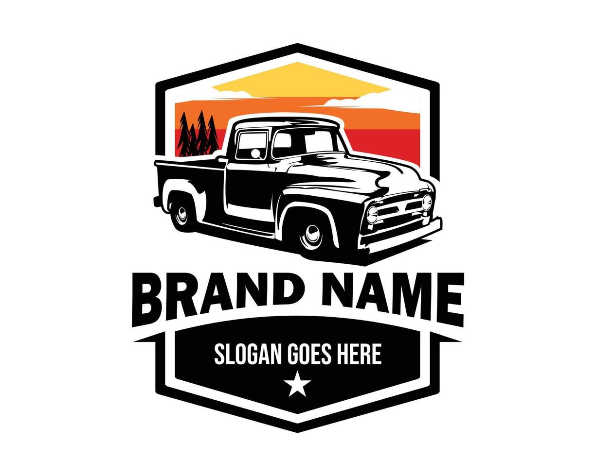 american old truck logo. The best vector illustration for the truck car industry. isolated background view of sunset view from the side.