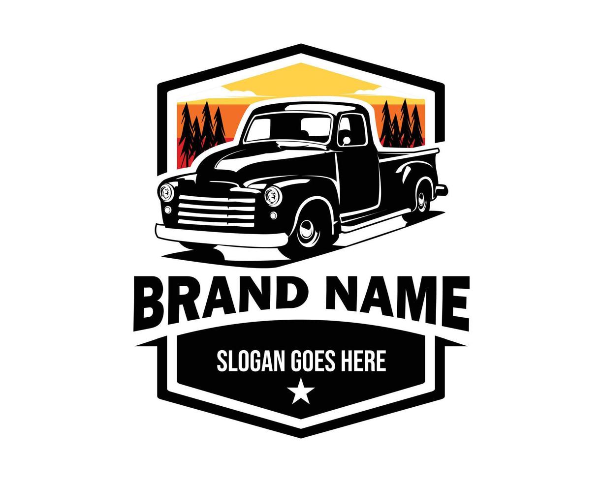 american old truck logo. The best vector illustration for the truck car industry. isolated background view of sunset view from the side.