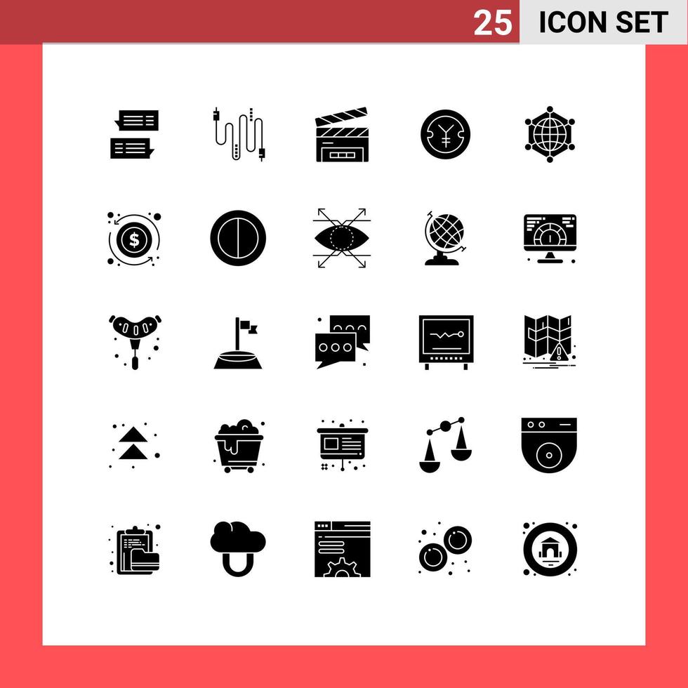 User Interface Pack of 25 Basic Solid Glyphs of analytics yen communication finance film flap Editable Vector Design Elements