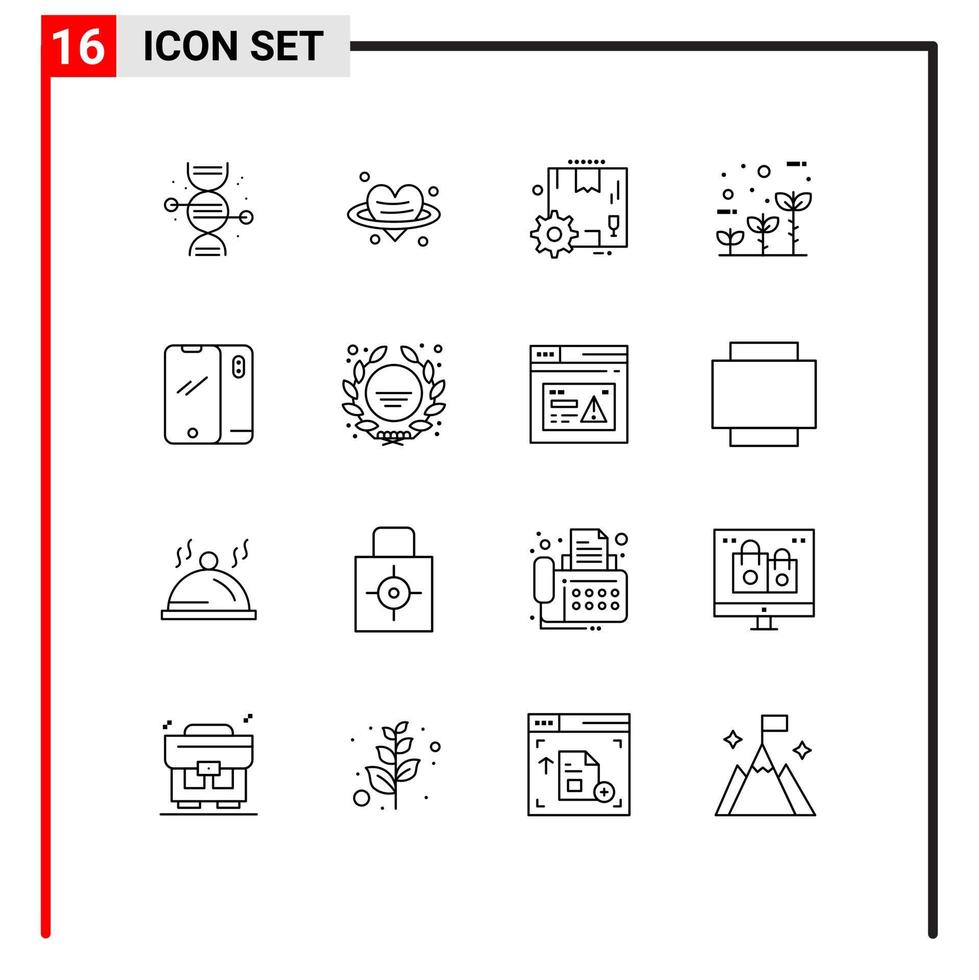 conjunto de esquema de interfaz móvil de 16 pictogramas de caja de crecimiento de teléfono inteligente globo elementos de diseño vectorial editables ecológicos vector