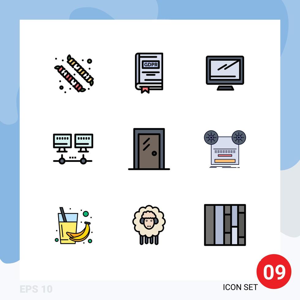 Pack of 9 creative Filledline Flat Colors of glass door server computer network pc Editable Vector Design Elements