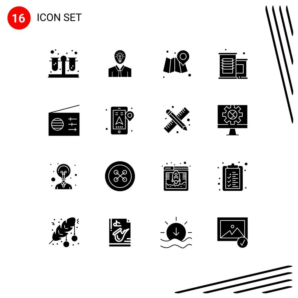 User Interface Pack of 16 Basic Solid Glyphs of gps radio web media supermarket Editable Vector Design Elements