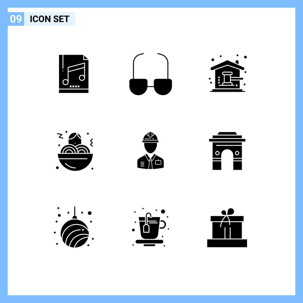 Pack of 9 Modern Solid Glyphs Signs and Symbols for Web Print Media such as construction worker auction hammer food spaghetti Editable Vector Design Elements
