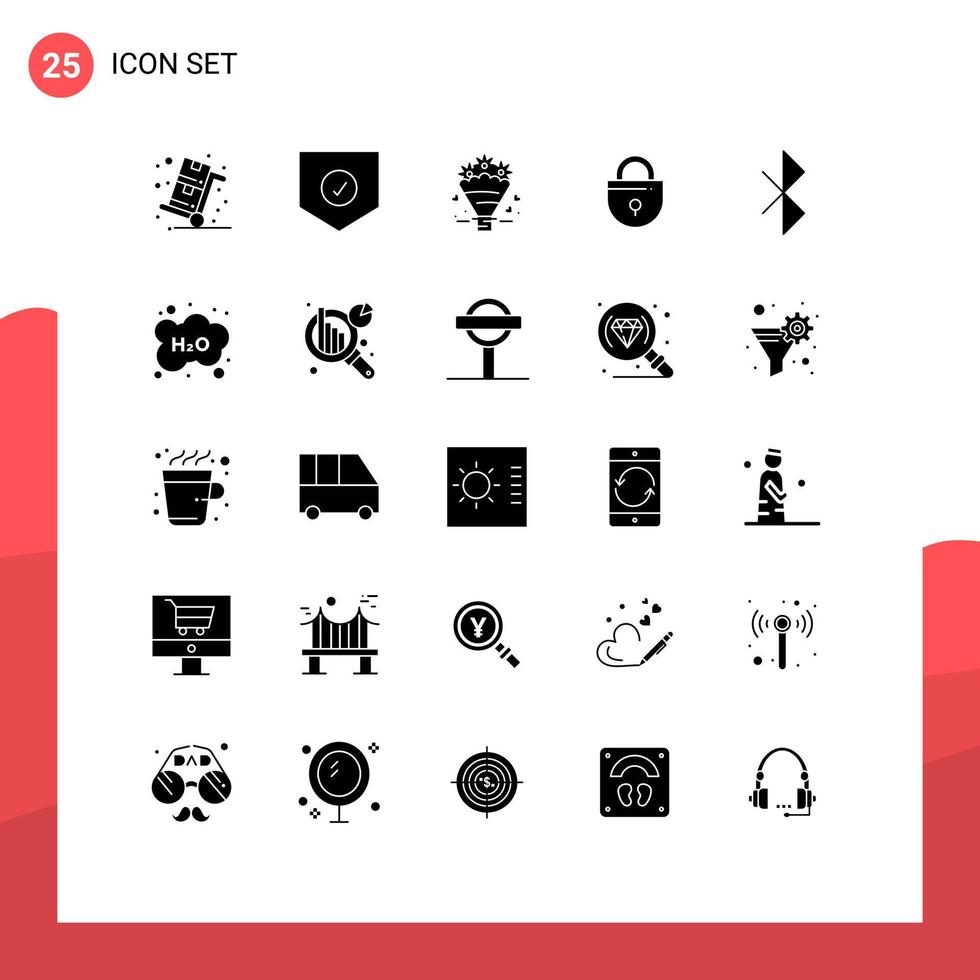 Set of 25 Vector Solid Glyphs on Grid for bluetooth locked shield lock wedding Editable Vector Design Elements