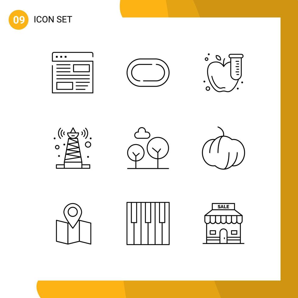 9 Universal Outlines Set for Web and Mobile Applications evergreen tree satellite science tower signal Editable Vector Design Elements