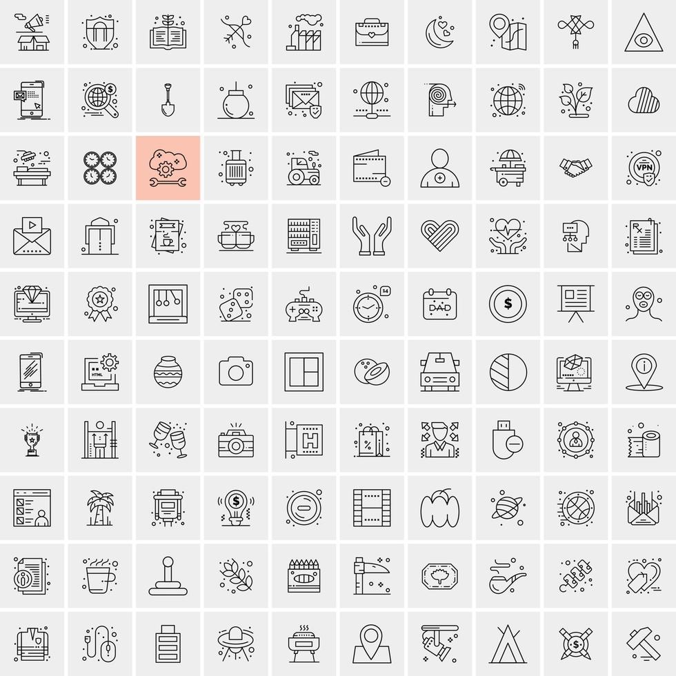 100 Universal Black Line Icons on White Background vector