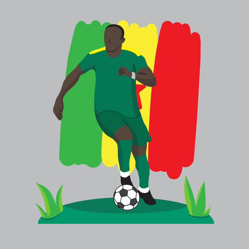 Diseño plano de jugador de fútbol de senegal con ilustración de vector de fondo de bandera