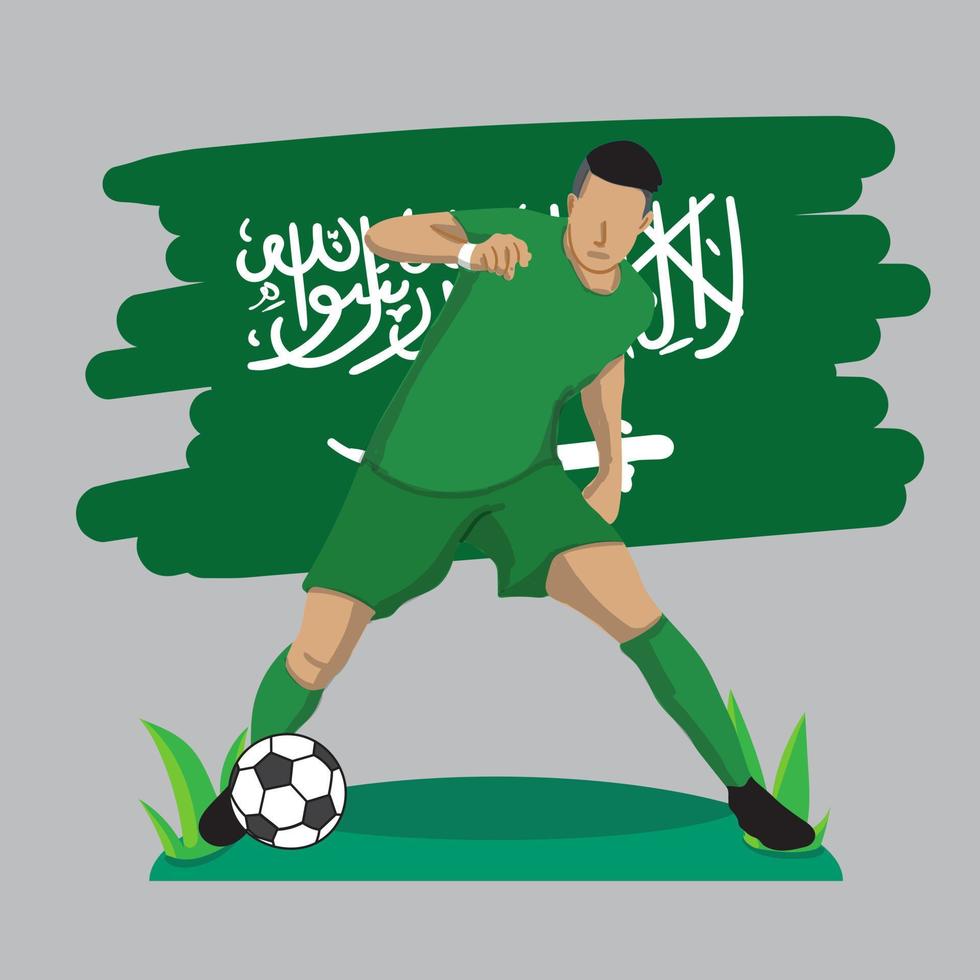 Diseño plano de jugador de fútbol de arabia saudita con ilustración de vector de fondo de bandera