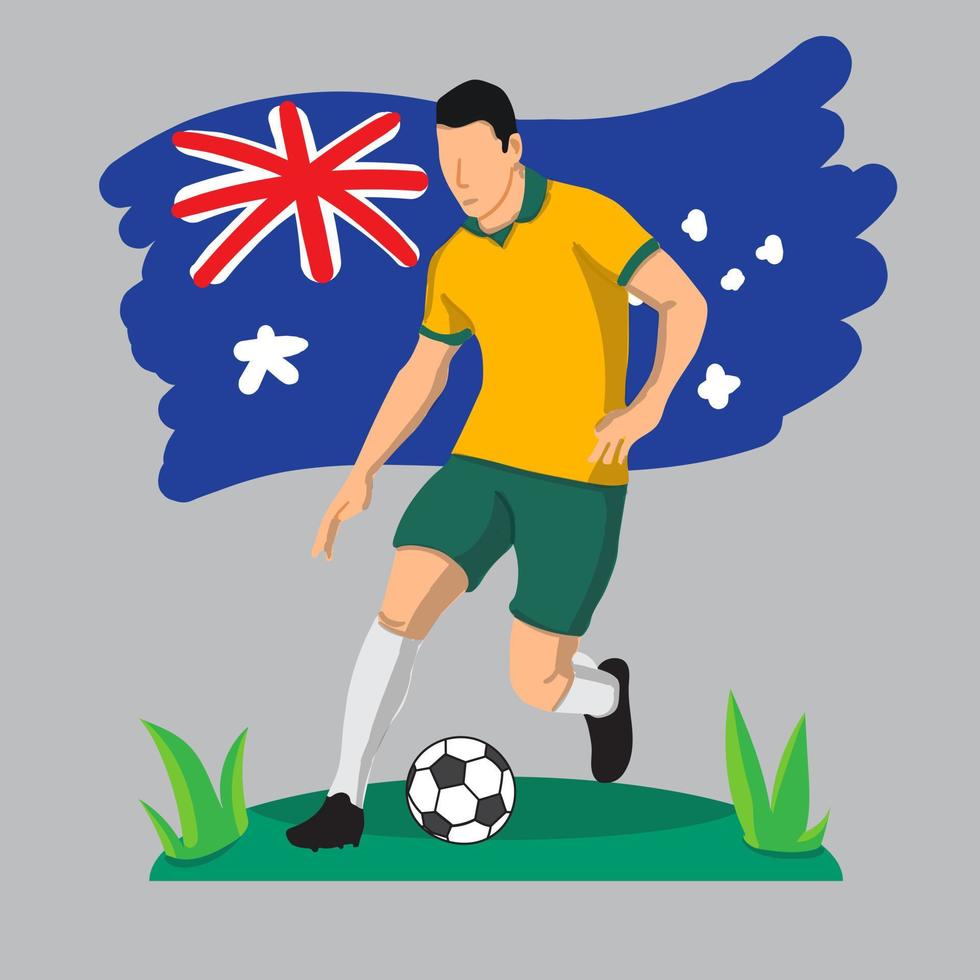 Diseño plano de jugador de fútbol de australia con ilustración de vector de fondo de bandera