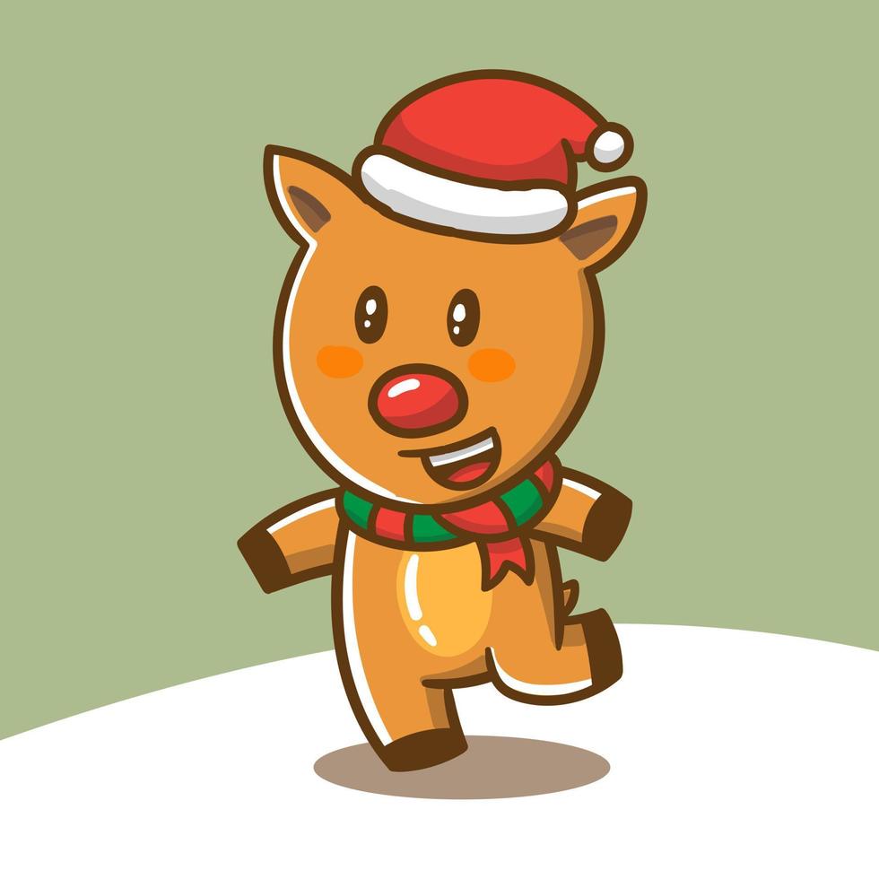 hand draw Smiling reindeer wearing santa hat and scarf illustration vector