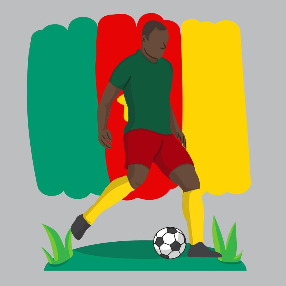 jugador de fútbol plano con fondo de bandera de camerún vector