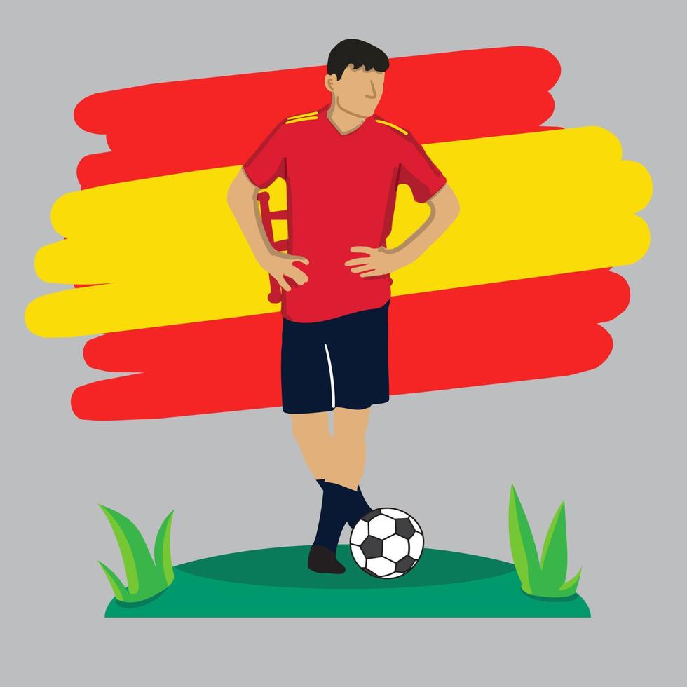 Diseño plano de jugador de fútbol de España con ilustración de vector de fondo de bandera