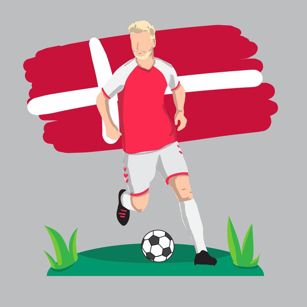 diseño plano de jugador de fútbol de dinamarca con ilustración de vector de fondo de bandera