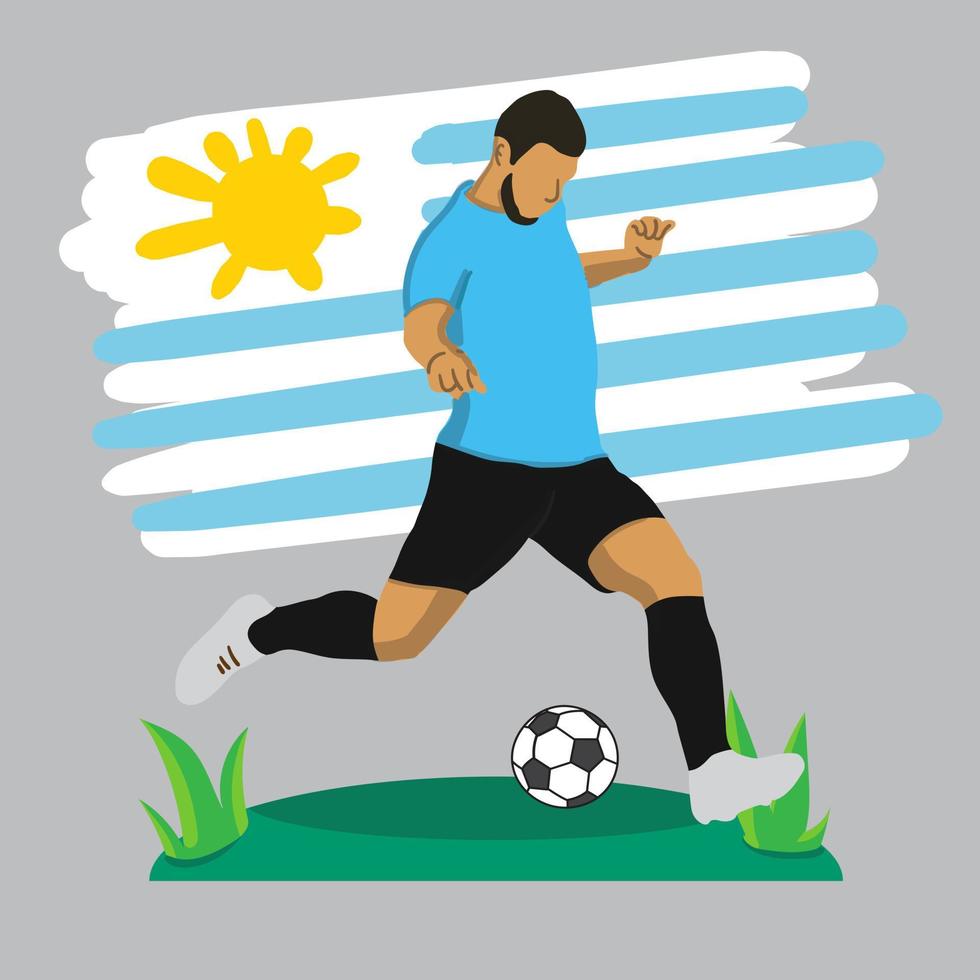 Diseño plano de jugador de fútbol de uruguay con ilustración de vector de fondo de bandera