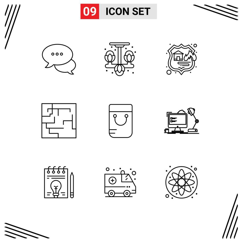 Mobile Interface Outline Set of 9 Pictograms of school bag firewall maze labyrinth Editable Vector Design Elements