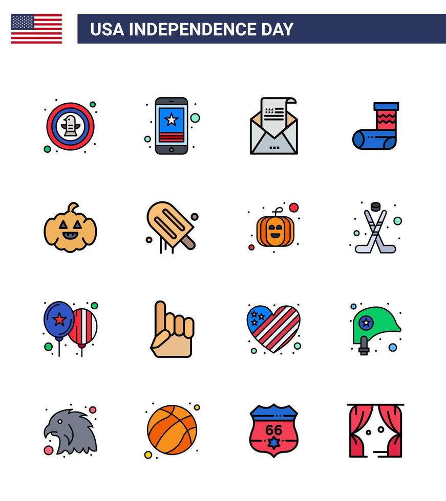 Pack of 16 creative USA Independence Day related Flat Filled Lines of festivity celebration mobile mail greeting Editable USA Day Vector Design Elements