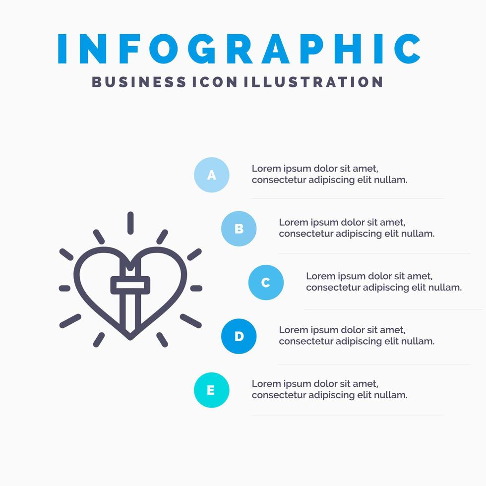 icono de línea de pascua cristiana de celebración de corazón de amor con fondo de infografía de presentación de 5 pasos vector