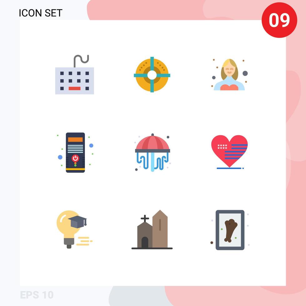 Pack of 9 creative Flat Colors of system hardware point computer profile Editable Vector Design Elements