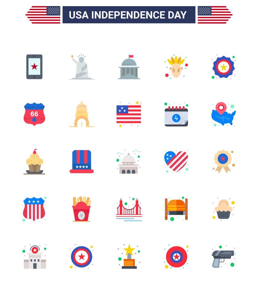 Modern Set of 25 Flats and symbols on USA Independence Day such as american native american usa american ireland Editable USA Day Vector Design Elements
