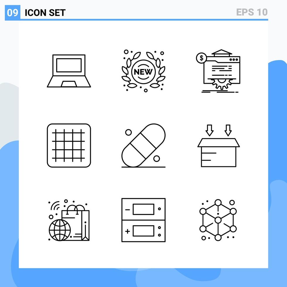 iconos de estilo moderno de 9 líneas delinean símbolos para uso general signo de icono de línea creativa aislado sobre fondo blanco paquete de 9 iconos vector