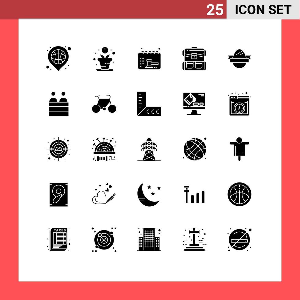 User Interface Pack of 25 Basic Solid Glyphs of easter egg luggage appointment bag travel Editable Vector Design Elements