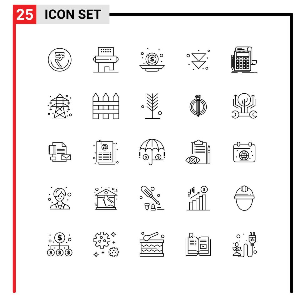 Pack of 25 creative Lines of forward coins drinks money budget Editable Vector Design Elements