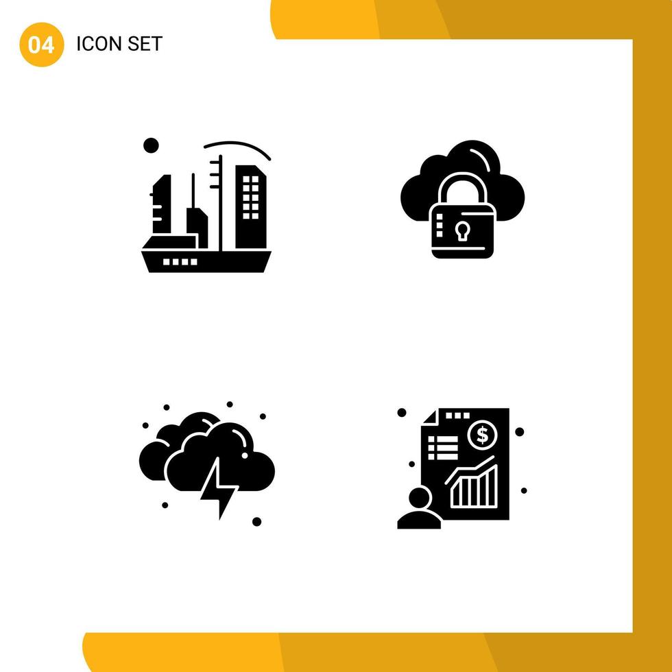 Group of 4 Solid Glyphs Signs and Symbols for city cloud dome network thunder Editable Vector Design Elements