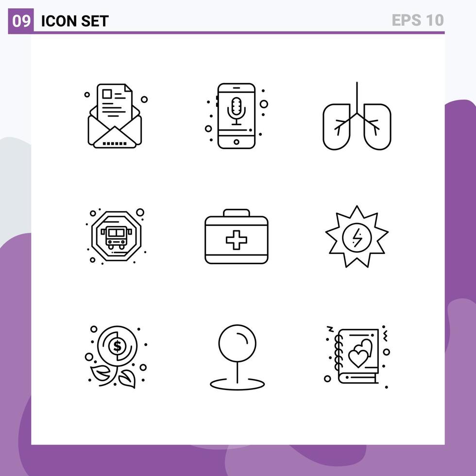 paquete de 9 signos y símbolos de contornos modernos para medios de impresión web, como el teléfono de la bolsa de cuidado, los pulmones de transporte público, los elementos de diseño de vectores editables