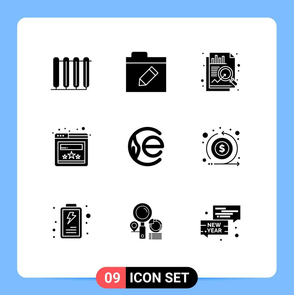 Group of 9 Solid Glyphs Signs and Symbols for crypto currency coin analysis earth coin rating Editable Vector Design Elements