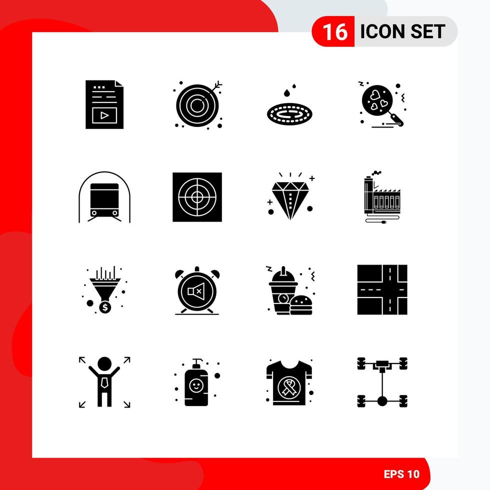 Pack of 16 Modern Solid Glyphs Signs and Symbols for Web Print Media such as transport metro rain search heart Editable Vector Design Elements