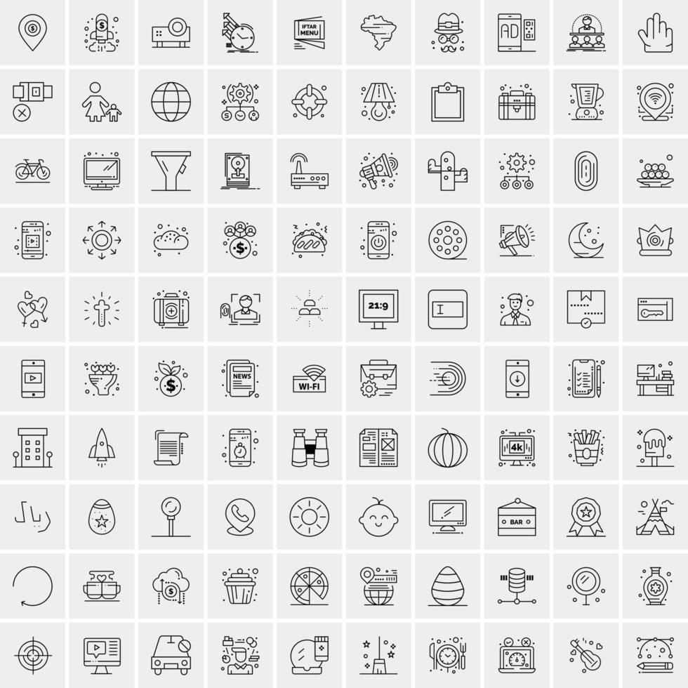 100 Universal Black Line Icons on White Background vector