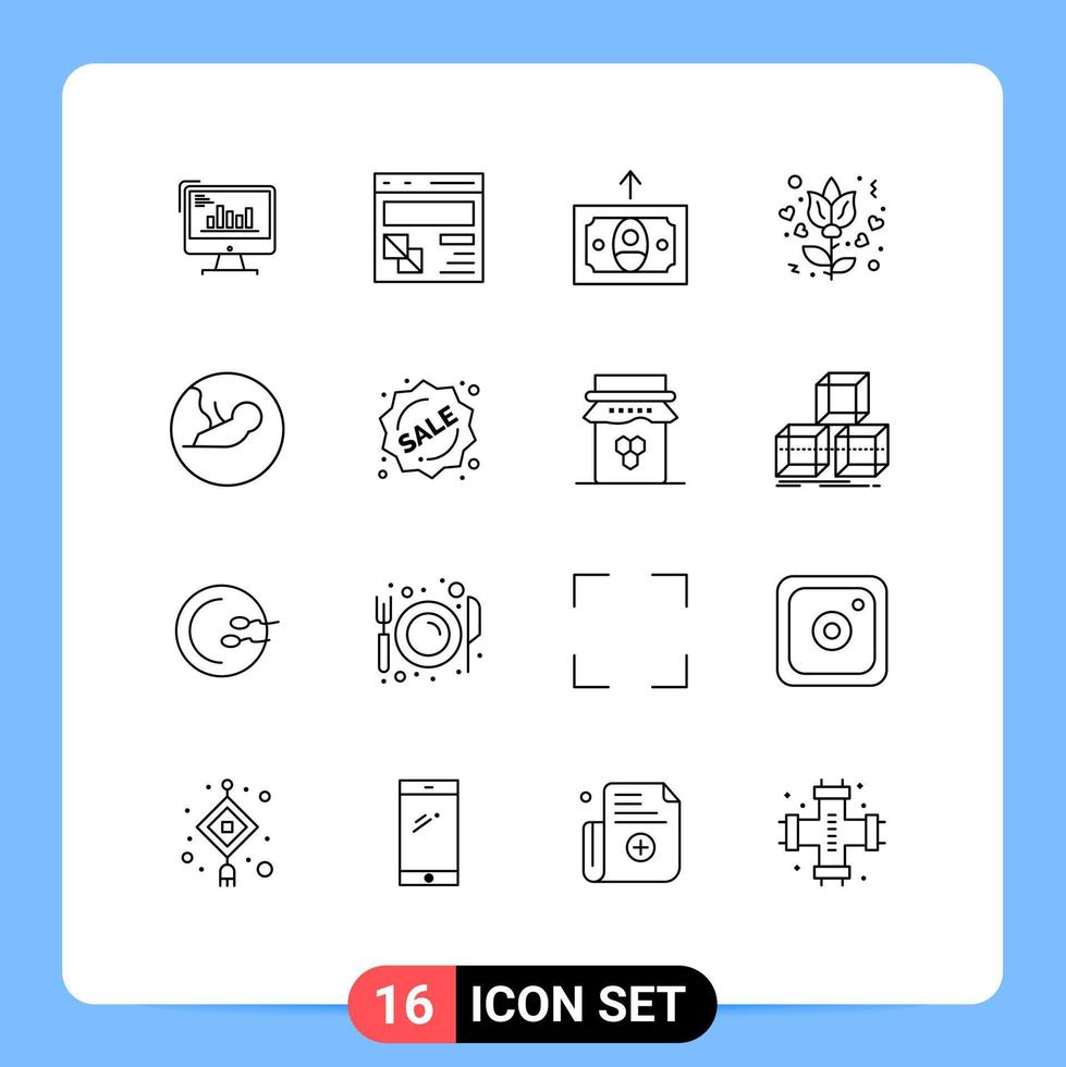 16 User Interface Outline Pack of modern Signs and Symbols of rose flower develop money cash Editable Vector Design Elements